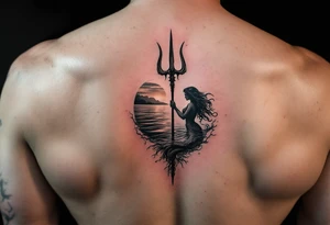 trident half way under calm water with mermaid at sunset tattoo idea