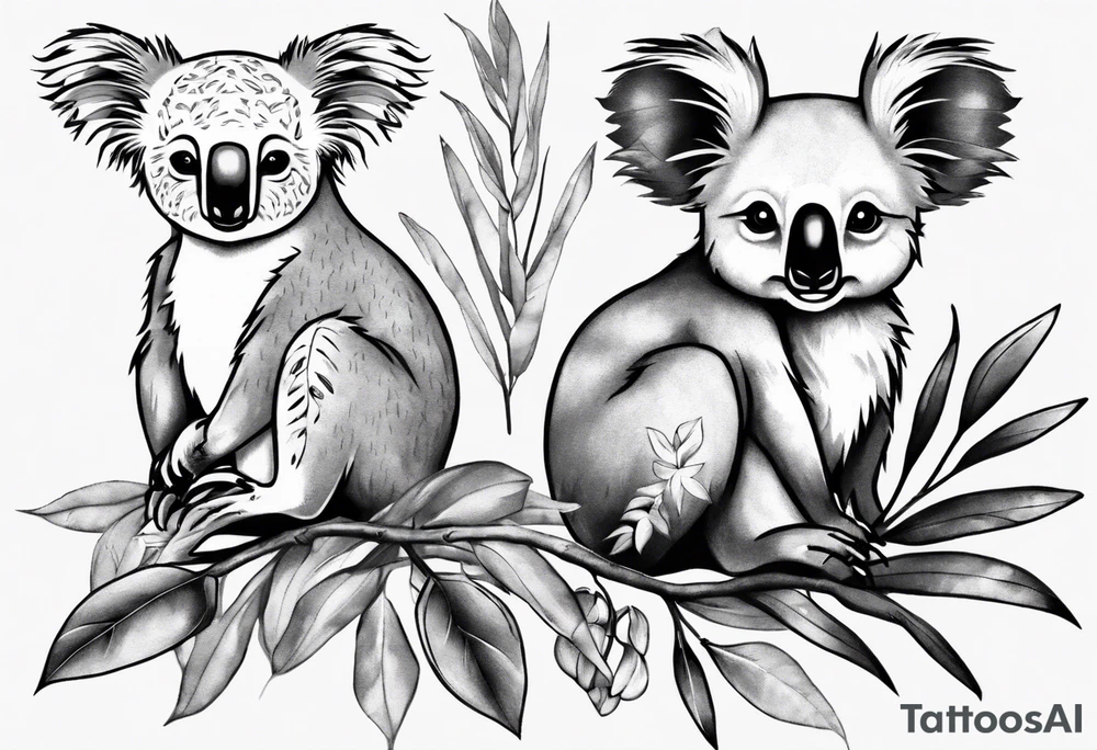 a koala and kookaburra both sitting on wattle and eucalyptus leaves tattoo idea