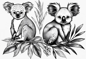 a koala and kookaburra both sitting on wattle and eucalyptus leaves tattoo idea