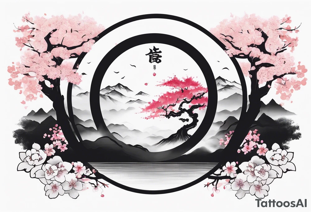 A circle of mist with cherry blossom trees on the left side growing upwards and downwards with the shadow kanji letter in the middle of the circle tattoo idea