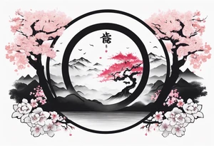 A circle of mist with cherry blossom trees on the left side growing upwards and downwards with the shadow kanji letter in the middle of the circle tattoo idea