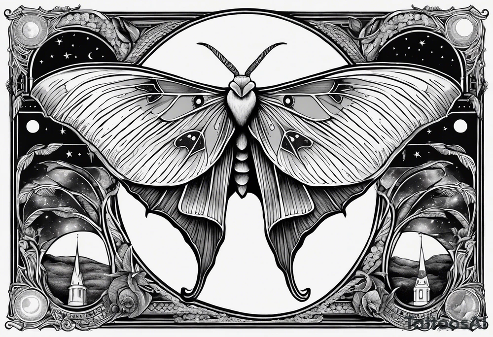 luna moth anatomically correct with moon phases arched under the moth, and the words "carpe noctem" above it in sans serif font tattoo idea