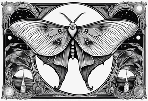 luna moth anatomically correct with moon phases arched under the moth, and the words "carpe noctem" above it in sans serif font tattoo idea