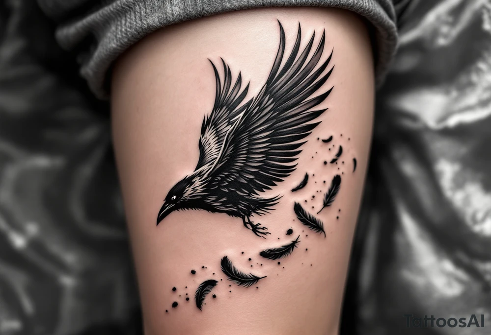 Crow with Feather Trail – A flying crow leaving a trail of scattered feathers behind. Black ink with white highlights and a hint of silver dust effect. tattoo idea