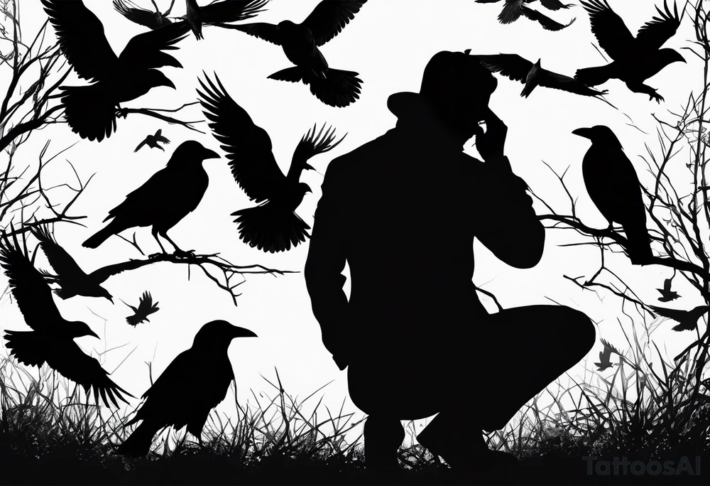 Silhouette of a man on his knees bent over with crows coming out his back like pieces of him flying away. tattoo idea