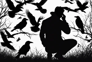 Silhouette of a man on his knees bent over with crows coming out his back like pieces of him flying away. tattoo idea