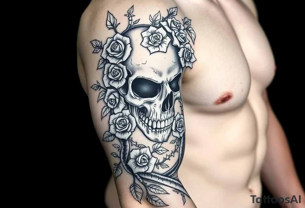 gothic skull intertwined with climbing roses and thorny vines tattoo idea