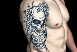 gothic skull intertwined with climbing roses and thorny vines tattoo idea