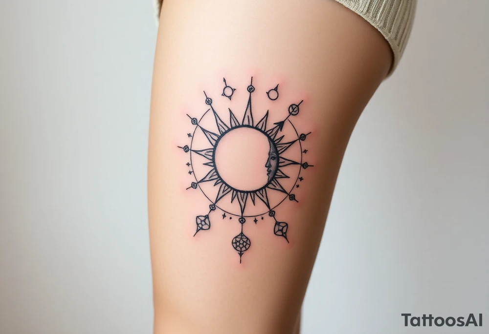 celestial sun and moon embrace with constellation patterns tattoo idea