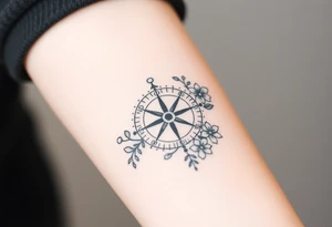 Compass with cursive letters with dot work flowers flowing above and below the compass tattoo idea