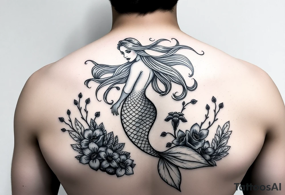 ethereal mermaid with flowing hair among coral and sea flowers tattoo idea