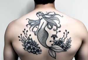 ethereal mermaid with flowing hair among coral and sea flowers tattoo idea