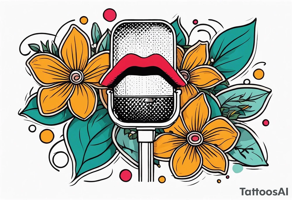 lips singing old school vintage traditional
flowers around and mouth next to microphone
bold and colorful simple design dots and simple flowers sketch tattoo idea