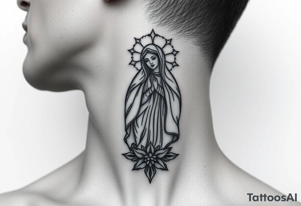 russian christian virgin mary neck design front facing tattoo idea