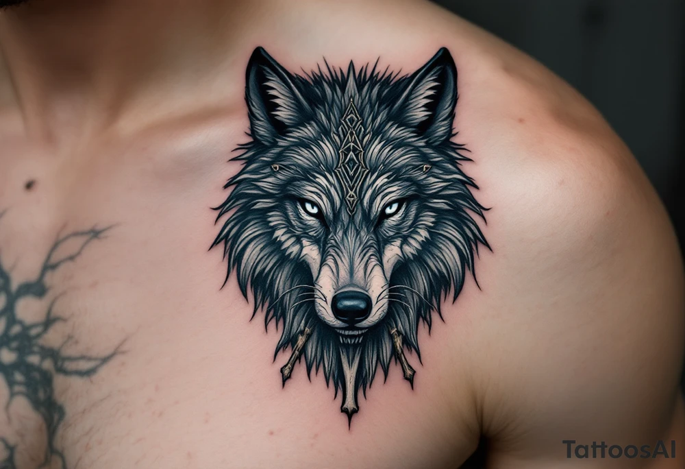 Ancient wolf shaman head with a bone necklace and aged fur. Deep gray, silver streaks, and eyes in milky white for a mystical vibe. tattoo idea