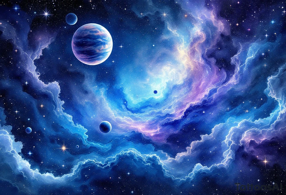 A galaxy scene with stars and planets swirling in deep blue and violet, evoking cosmic freedom. tattoo idea
