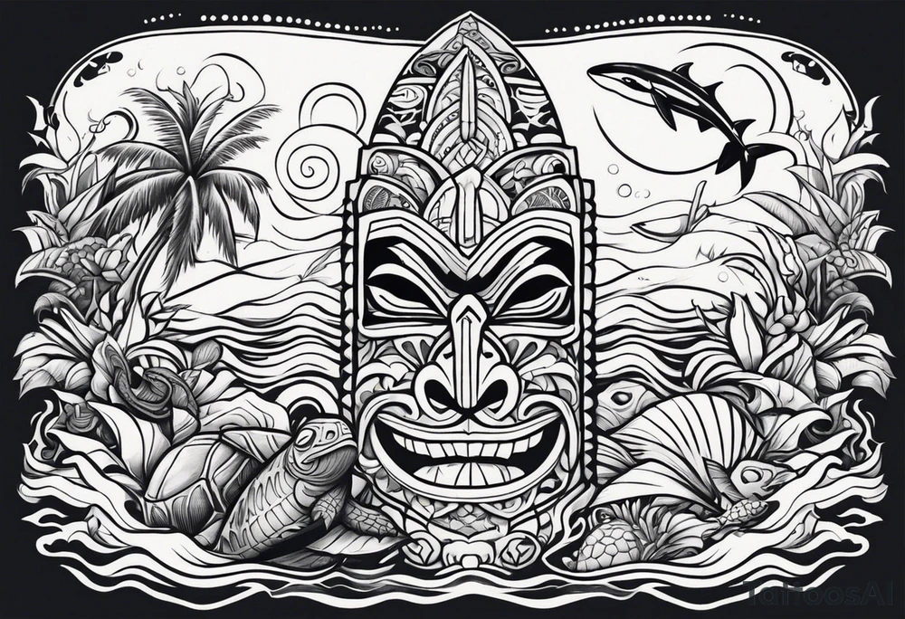 a Polynesian tiki surrounded by a shark, a turtle in an underwater ocean setting tattoo idea