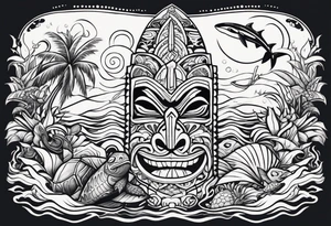a Polynesian tiki surrounded by a shark, a turtle in an underwater ocean setting tattoo idea
