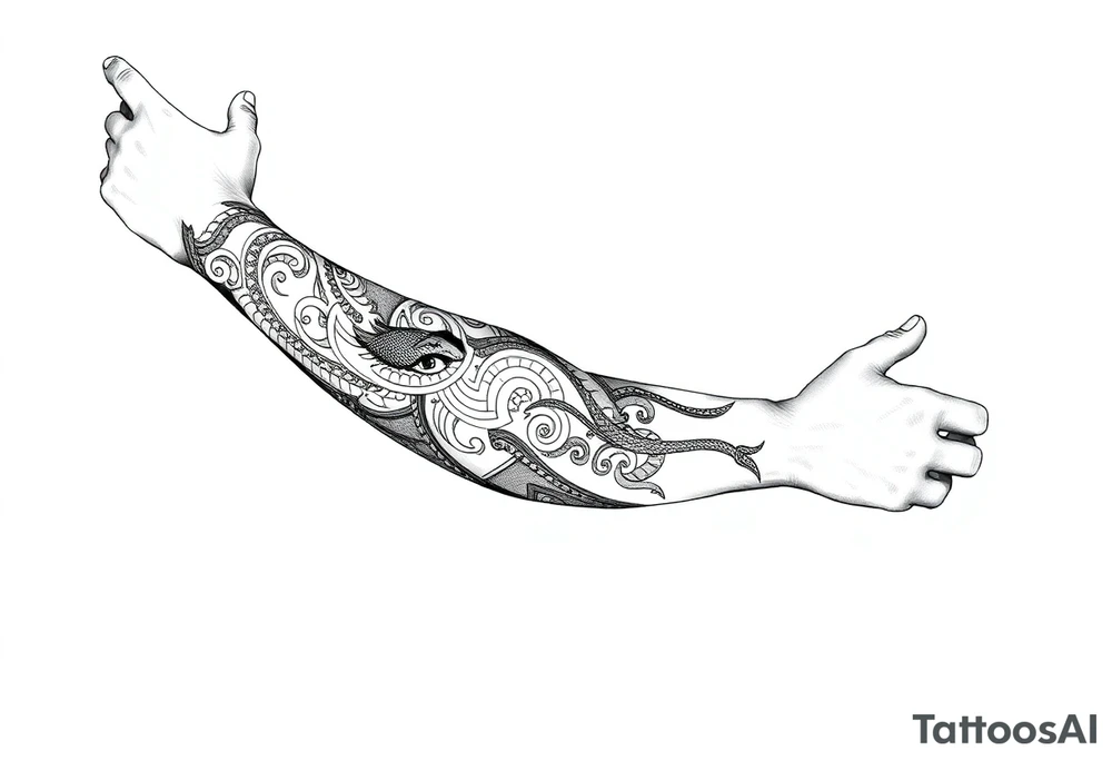 Sicilian Forearm tribal sleeve with patterns and symbols with snake scales tattoo idea