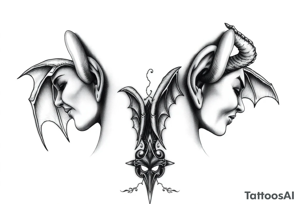 position behind the neck Angel (on the right) whispering in the right ear, demon (on the left) whispering in the left ear tattoo idea