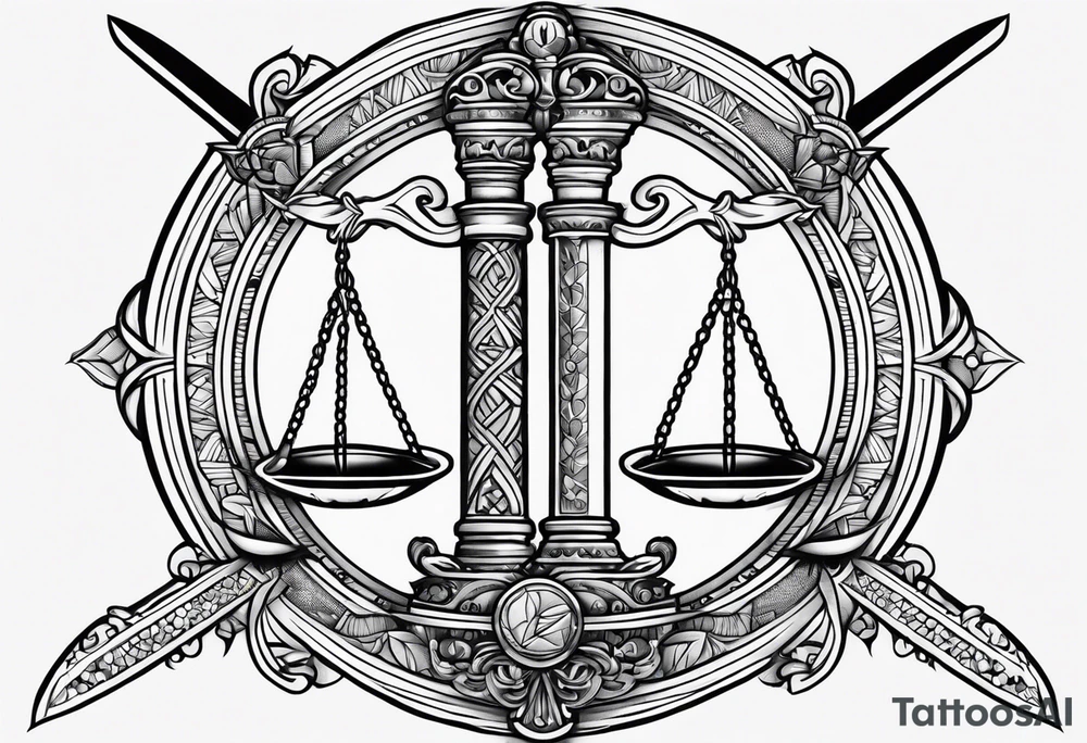 Sword with Libra scales fine lines tattoo idea