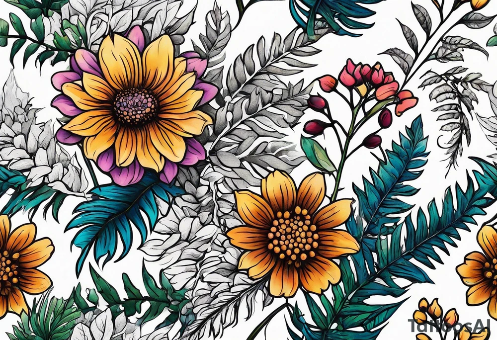 mixed wildflower with ferns and with color tattoo idea