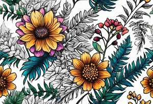mixed wildflower with ferns and with color tattoo idea