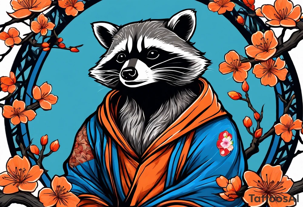 raccoon wearing a Superman hoodie with orange Japanese cherry blossoms tattoo idea