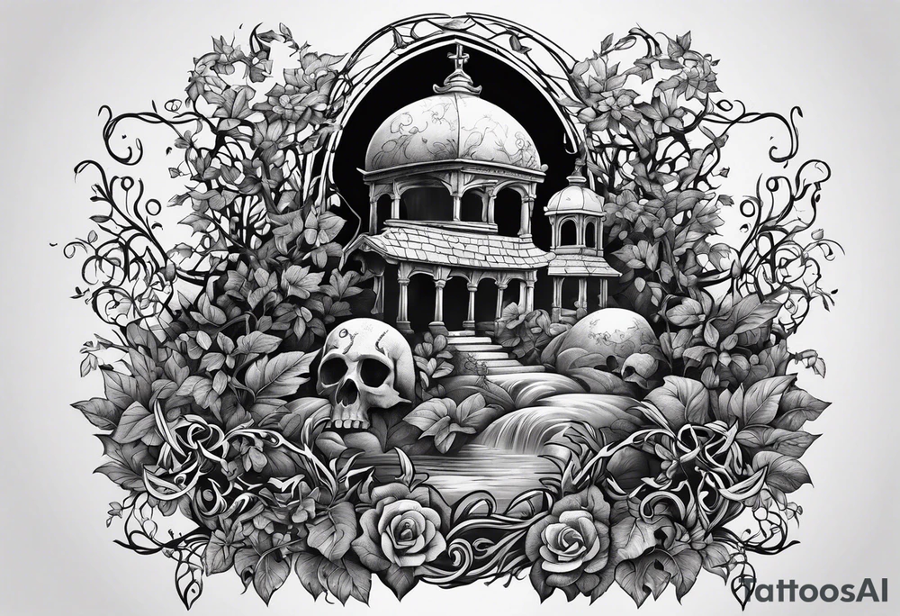 Leafy vines with grave yard tattoo idea