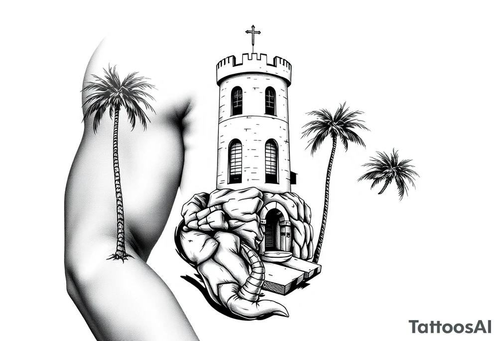 Saint Barbara, castle tower with three windows, palm tree tattoo idea