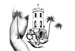 Saint Barbara, castle tower with three windows, palm tree tattoo idea