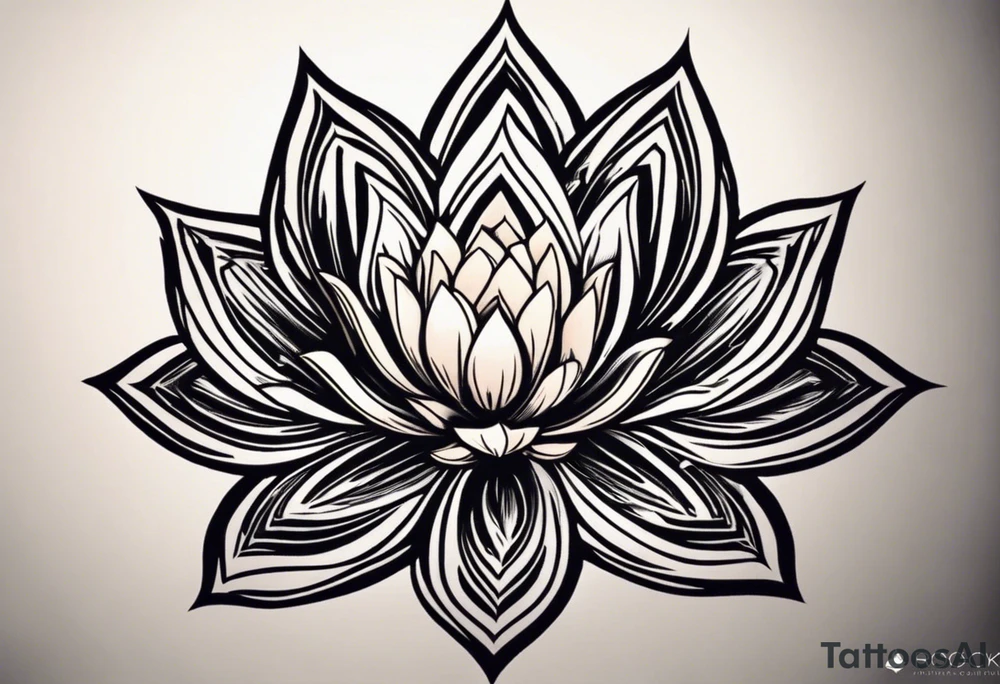 Make a tattoo of a lotus flower, stone, a science helix and a Greek delta in the shape of a lotus. the rocky area to symbolizes strength, a science helix to symbolize resiliency and a Greek delta to symbolize transformation. The tattoo should overall represent resiliency and strength and present a strong, firm foundation that displays strength in the face of trauma. Make sure to also be able to identify the rock, the helix and the delta symbol separately and not mixed together as each element is important tattoo idea
