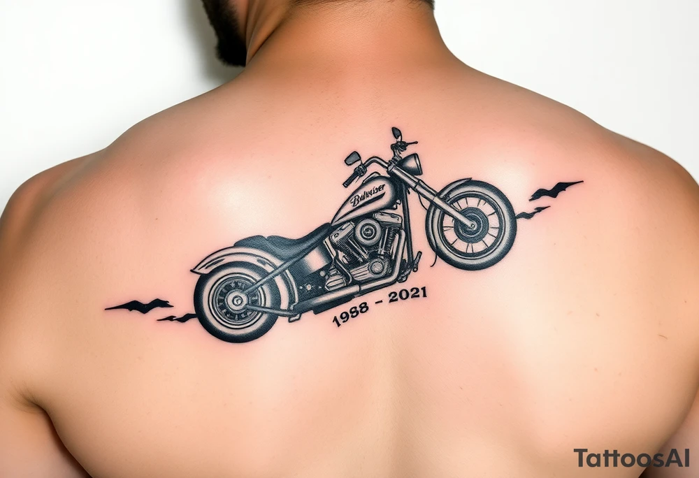 An arm tattoo with Dale Earnhardt car on it with the year 1958 - 2021 intertwined with a motorcycle with a Budweiser logo on it tattoo idea