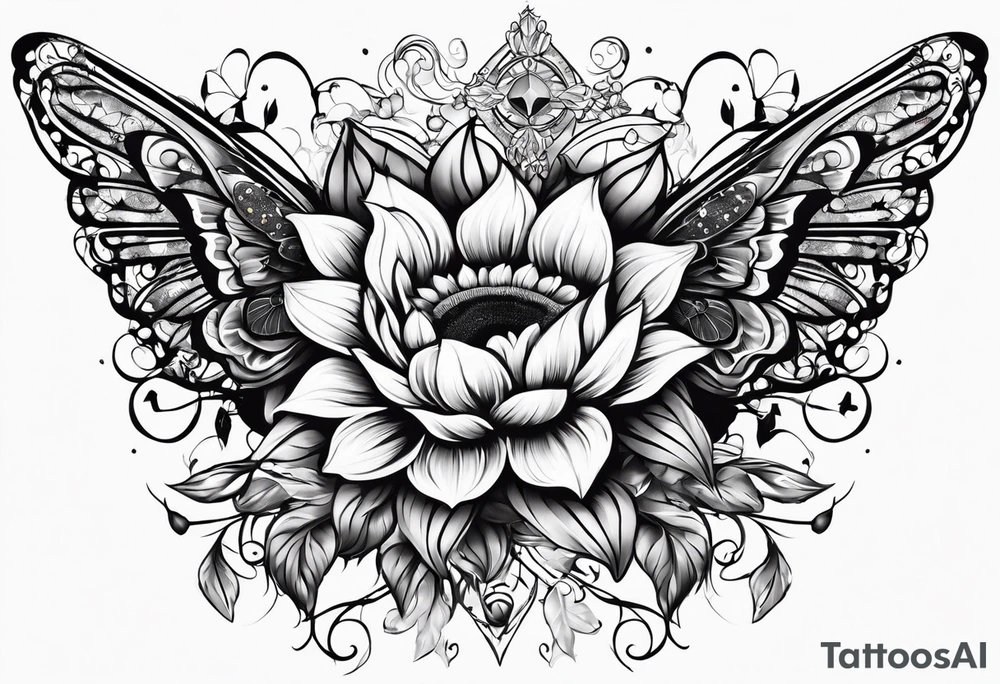 Arm sleeve with Winged cross with sunflower and butterflies tattoo idea