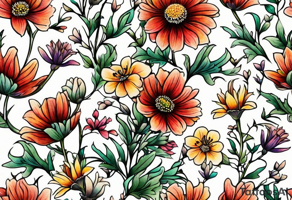 small long stem wildflower bouquet across fott tattoo idea