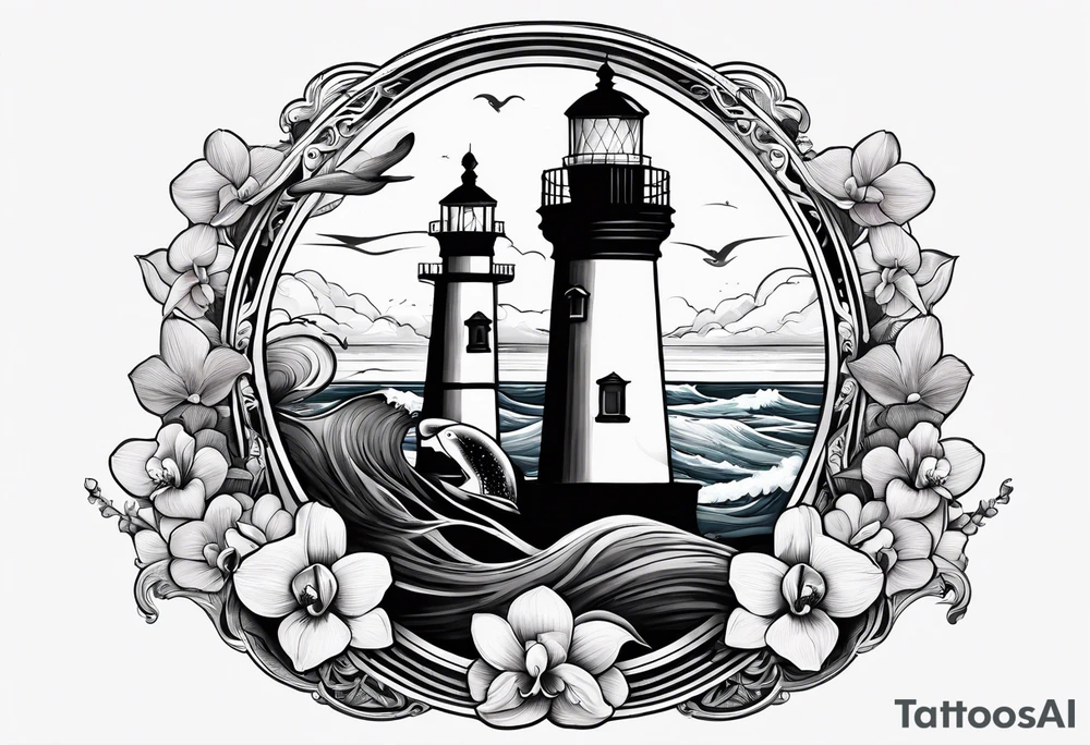Lighthouse on a beach with a whale's tail sticking out of the water of the ocean with a border containing an anchor and orchids tattoo idea