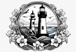 Lighthouse on a beach with a whale's tail sticking out of the water of the ocean with a border containing an anchor and orchids tattoo idea