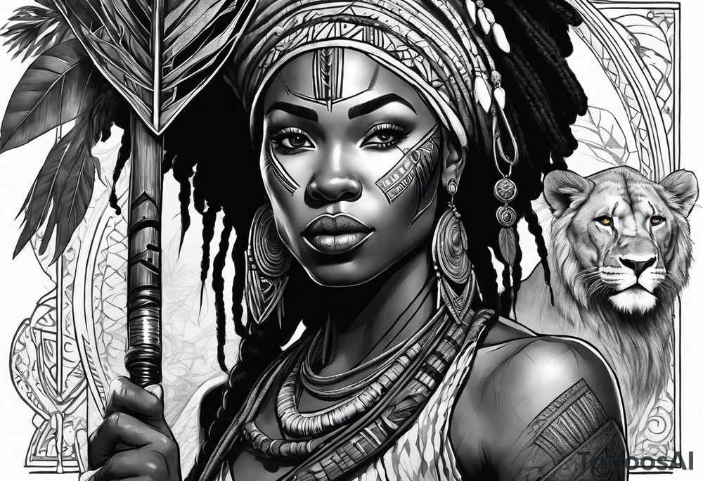 African woman warrior holding spear with deadlocks and earrings. Tribe marks on her face and tree Branch brids and lion in the background tattoo idea
