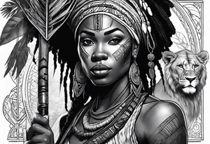African woman warrior holding spear with deadlocks and earrings. Tribe marks on her face and tree Branch brids and lion in the background tattoo idea