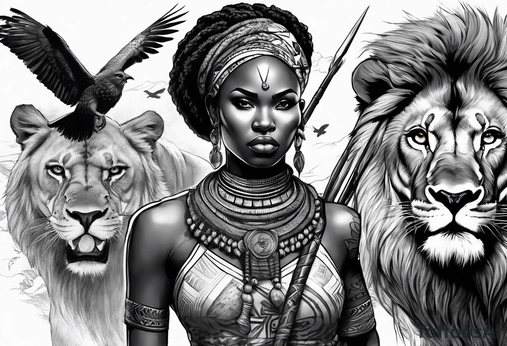African woman warrior holding a spear with a mean look on her face with birds in the background and lion tattoo idea