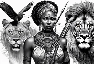 African woman warrior holding a spear with a mean look on her face with birds in the background and lion tattoo idea