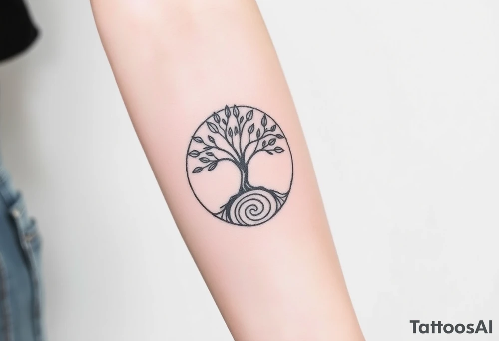 A tree in a circle,
 with fee leaves, with an outward  spiral as its roots tattoo idea