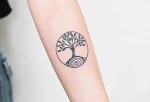 A tree in a circle,
 with fee leaves, with an outward  spiral as its roots tattoo idea