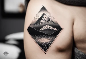 Mountain Massif, one Peak, only peak surrounded woth semi circle dashed Line, in semi circle two littel fine Stars, waves overlapping in Side, Open geometrical Forms Like Diamond with Open lines tattoo idea