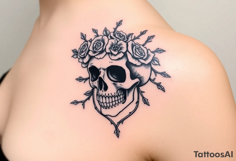 ornate skull adorned with crown of wild roses and thorns tattoo idea