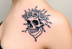 ornate skull adorned with crown of wild roses and thorns tattoo idea