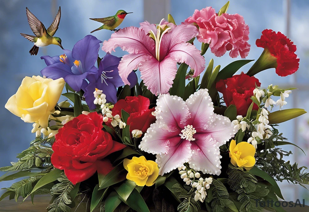 Humingbird made out of Carnation, Snowdrop, Violet, Primrose, Daffodil, jonquil, Lily of the Valley, Hawthorne, Rose, Honeysuckle, Larkspur, Water Lily, Gladiolus & Poppie, Aster, Morning Glory, Chrysanthemum,  Peony, Holly, Narcissus tattoo idea