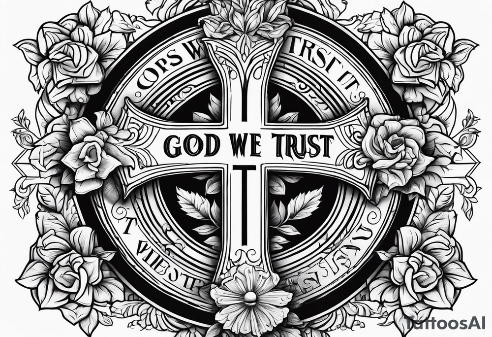 Cross with text In GOD we trust, flowers tattoo idea