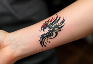 凤凰 (fènghuáng, “phoenix”) in gold and crimson expresses grace through rebirth and resilience. tattoo idea