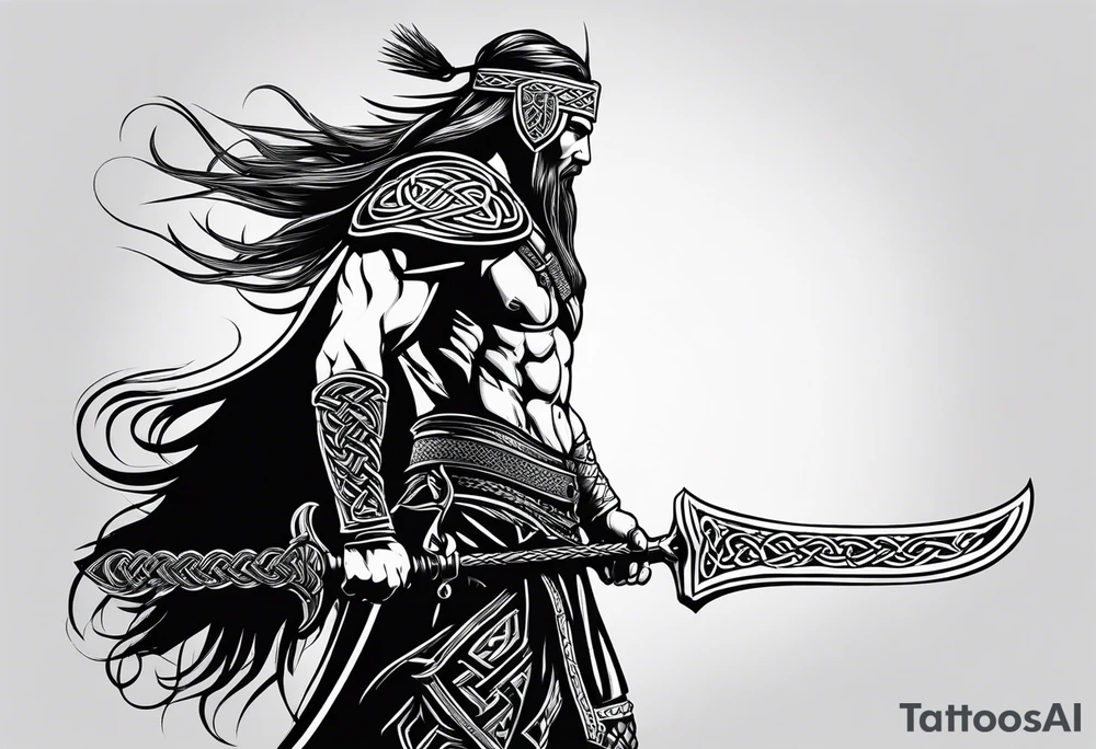 Side profile 
 of Celtic warrior with weapons unsheathed tattoo idea